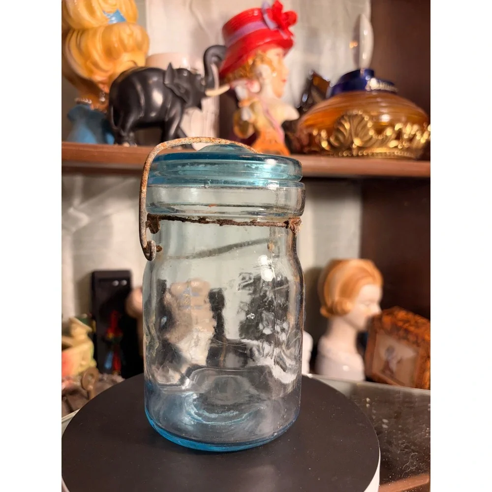 Vintage Atlas E-Z Seal Aqua Blue Glass Canning Jar with Lid and Wire Bail